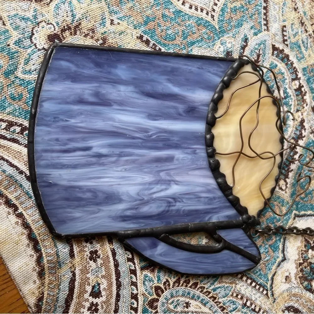 Stained Glass Coffee Cup Suncatcher Blue Mug Window Hanging Kitchen Decor